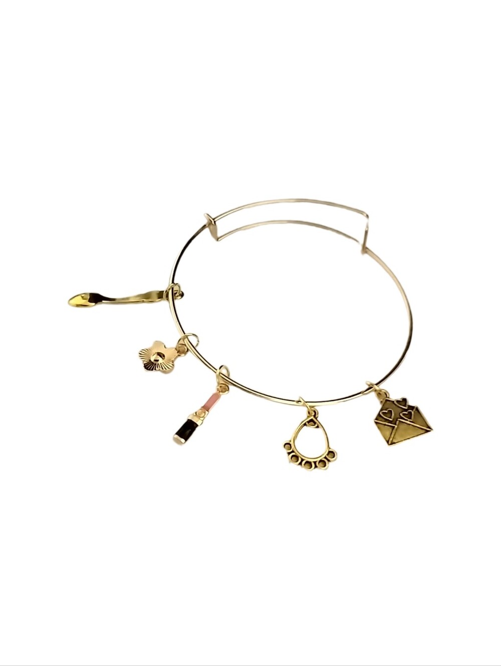 Adjustable Gold Charm Bangle Bracelet w/ Lipstick, Flower, Envelope Charms NWOT